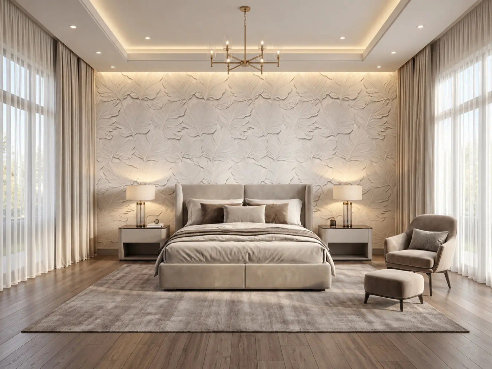 Chambre élégante avec tête de lit devant un relief mural floral blanc
