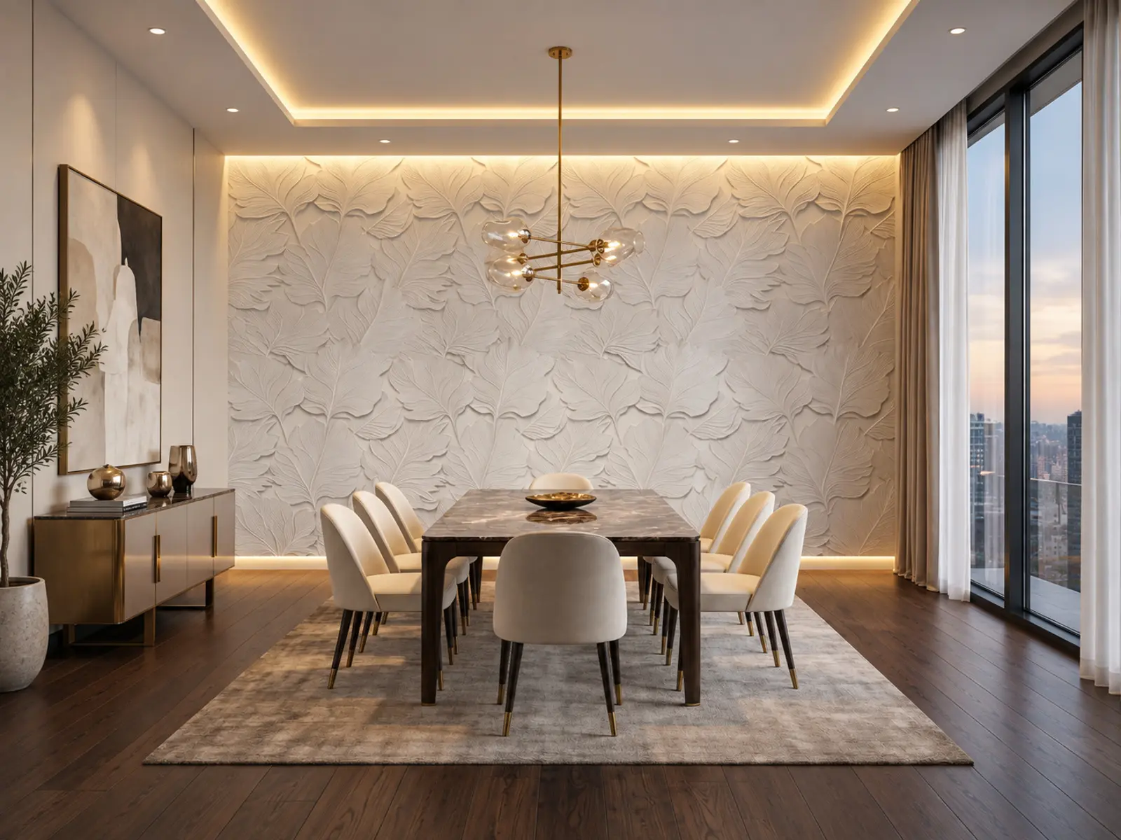 Salle à manger contemporaine avec grand relief mural floral blanc