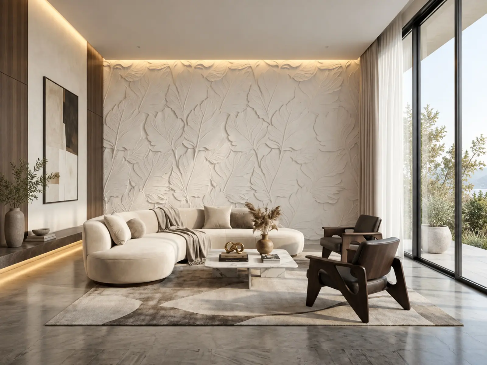 Salon contemporain avec canapé courbe et relief mural floral blanc
