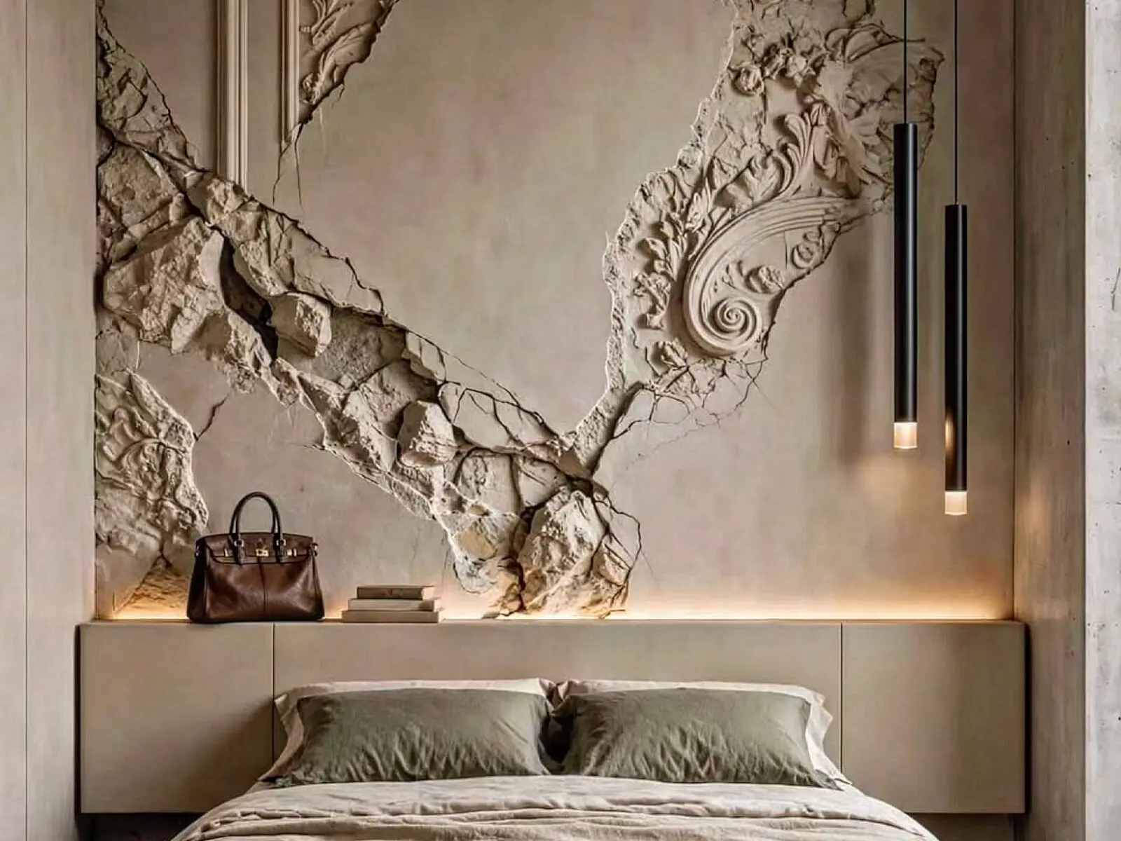 Chambre aux tons minéraux avec tête de lit et relief mural sculptural