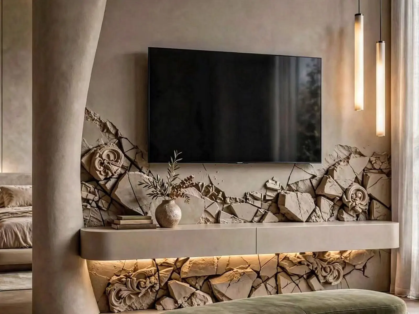 Mur télévision minéral avec fragments sculptés et éclairage suspendu