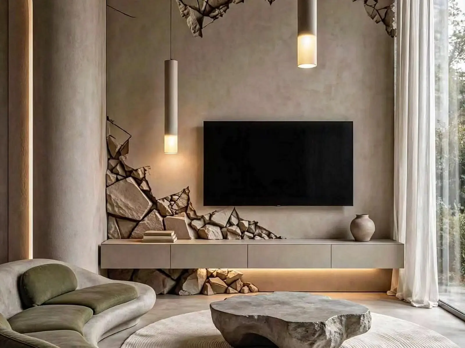 Salon minéral avec mur télévision sculptural et mobilier organique