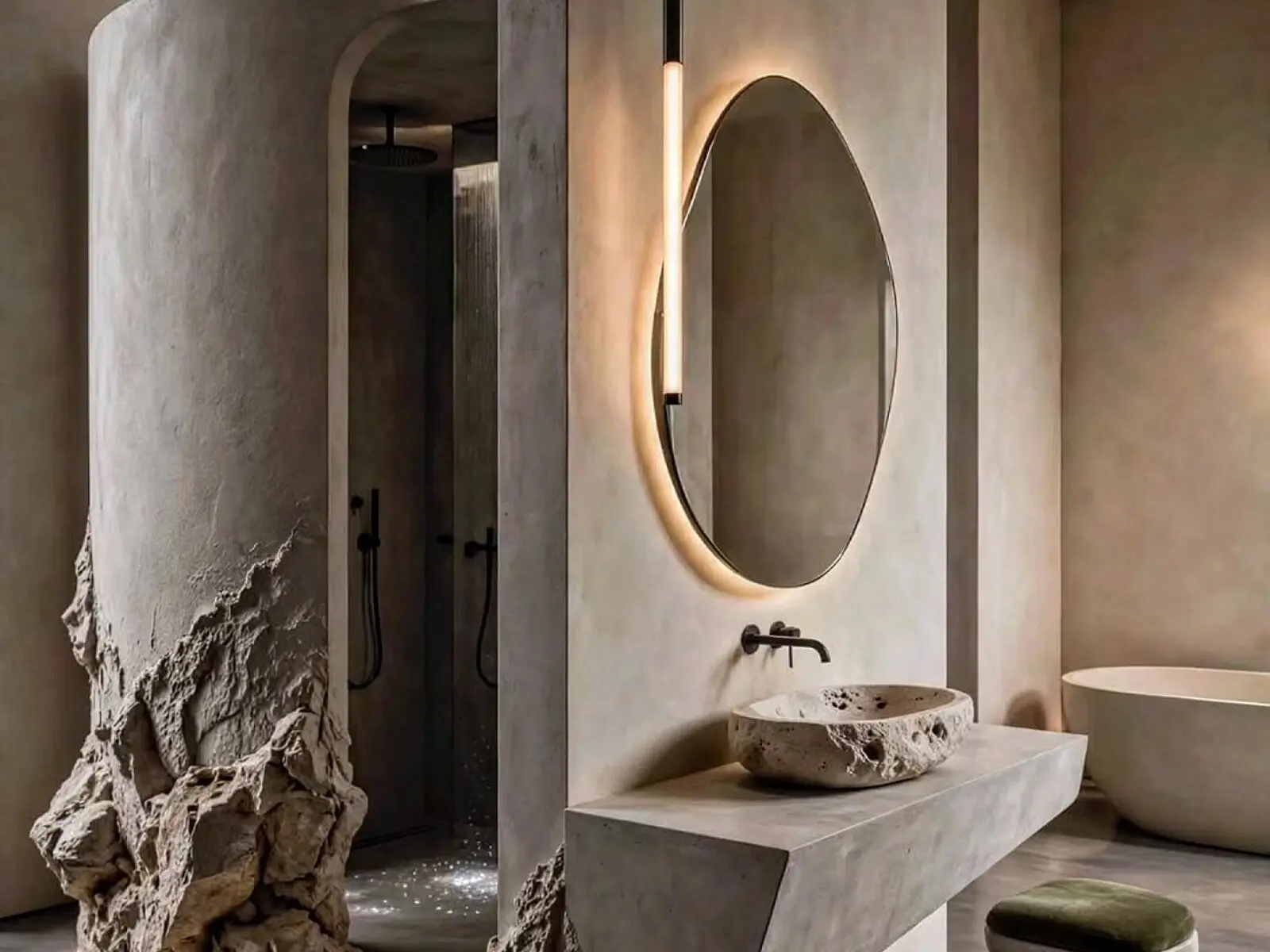 Salle de bain minérale avec vasque en pierre et miroir rétroéclairé