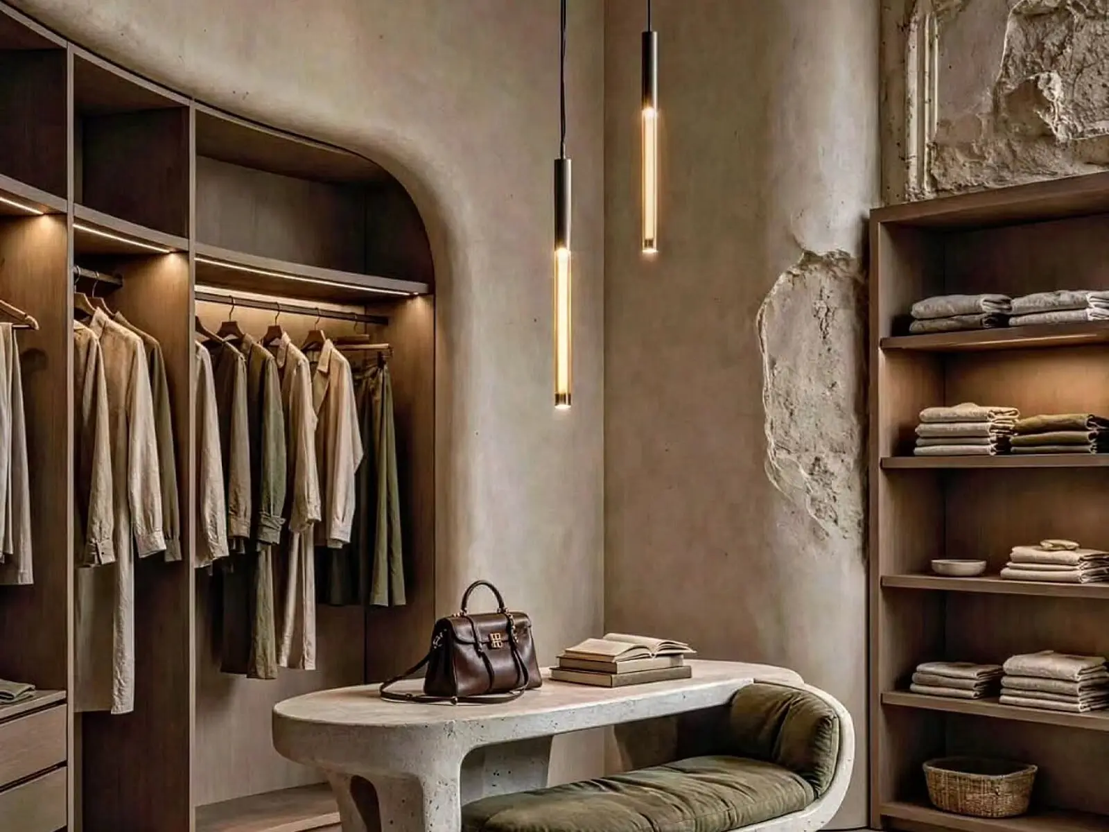 Dressing contemporain avec reliefs minéraux et mobilier sur mesure