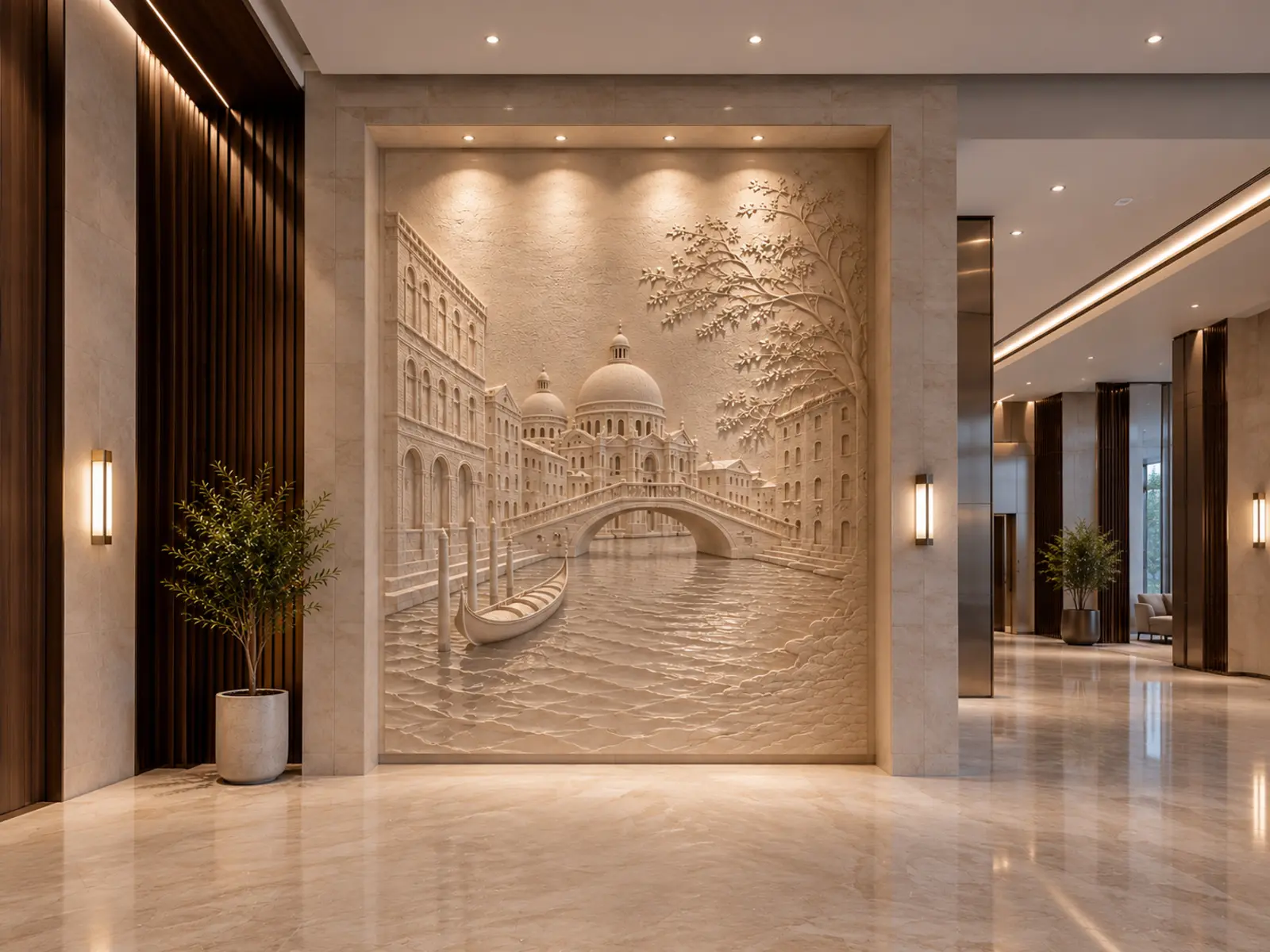 Hall contemporain avec grand bas-relief architectural inspiré de Venise