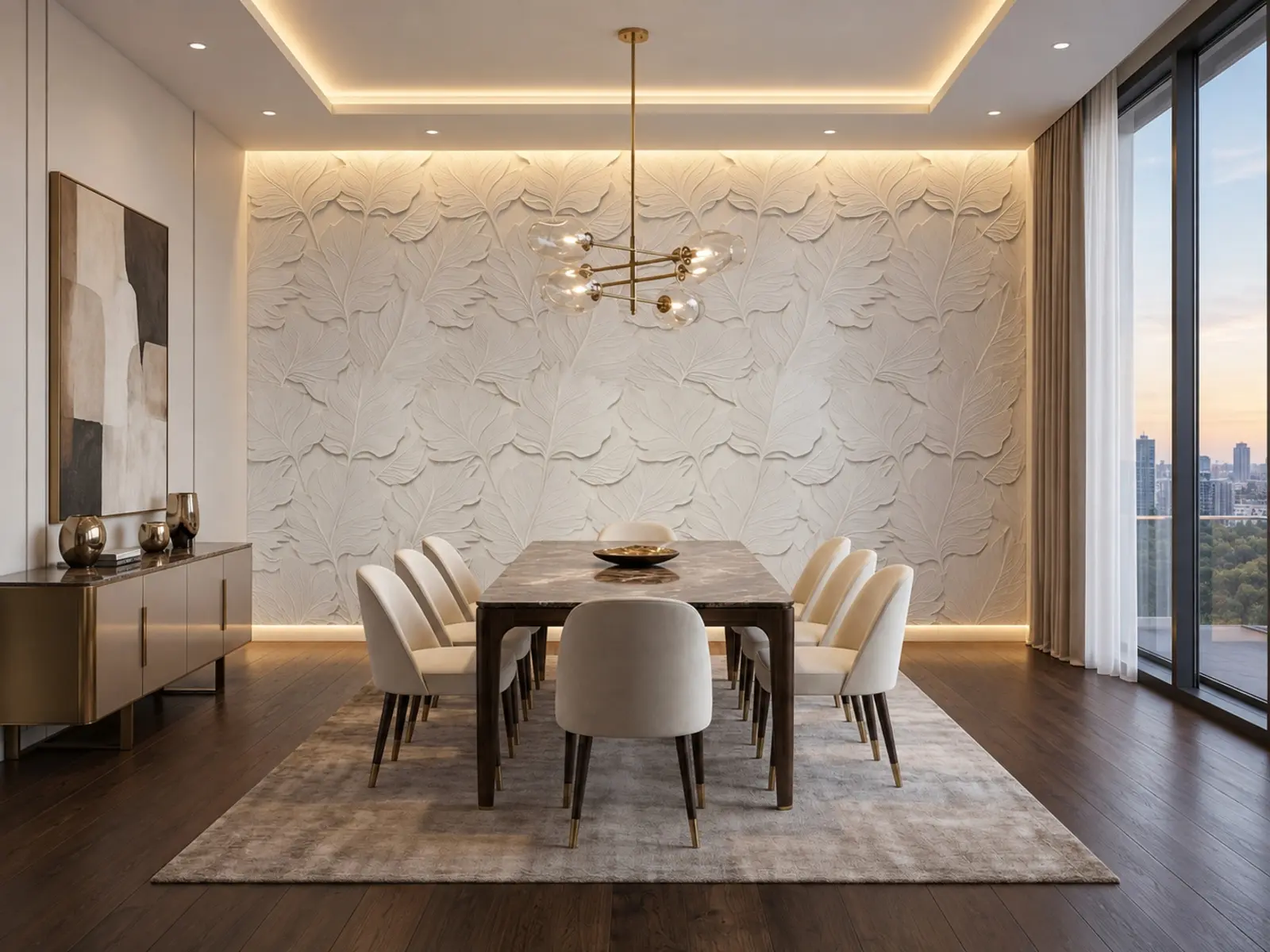 Salle à manger élégante devant un relief mural blanc à motif de feuillage