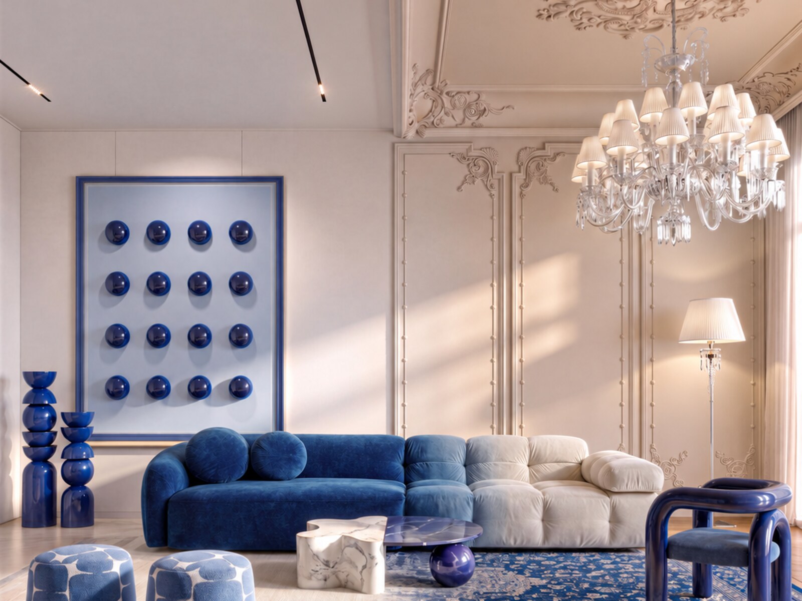 Salon contemporain bleu et blanc conçu sur mesure