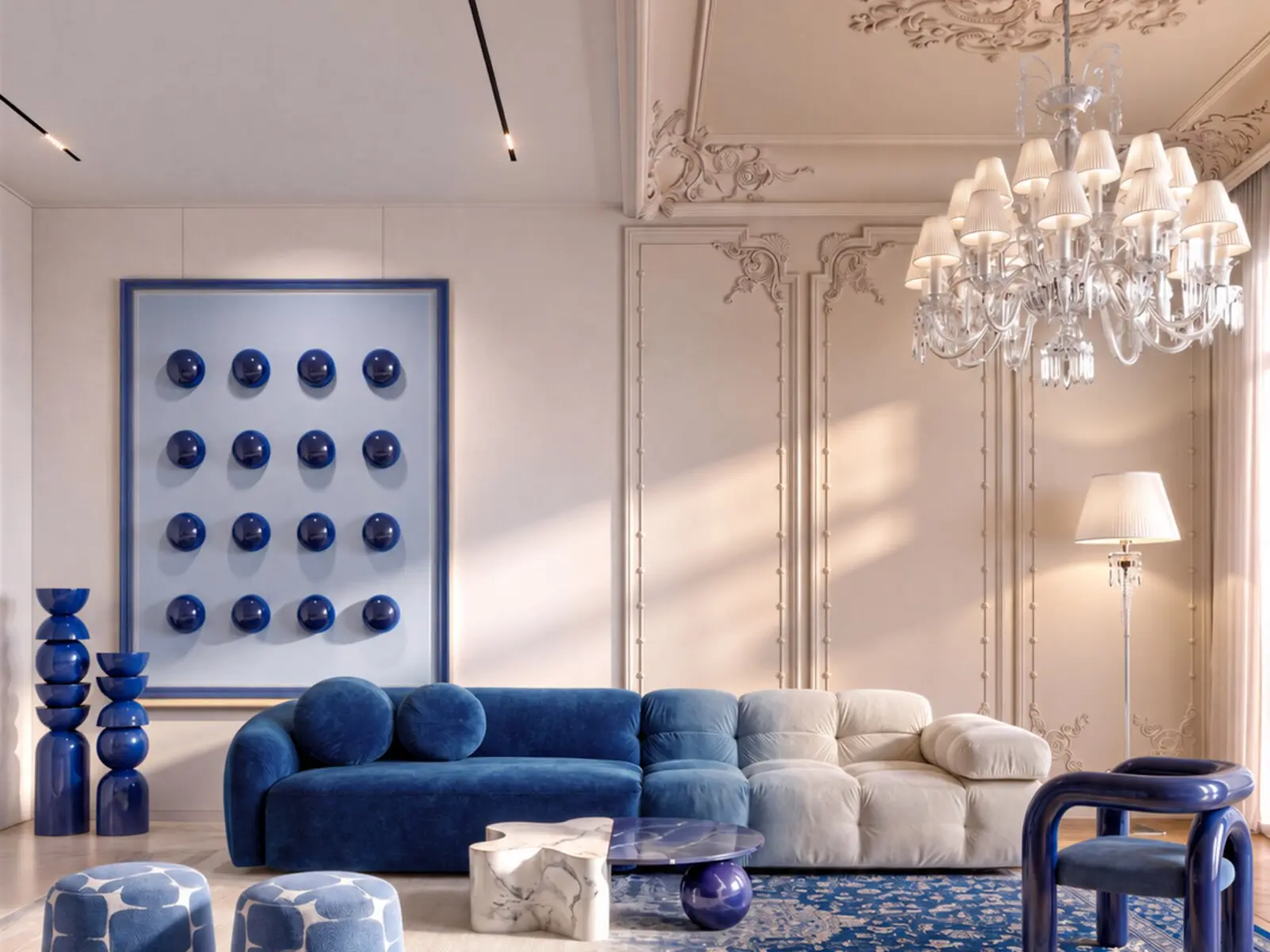 Vue d’ensemble d’un salon contemporain bleu et blanc avec moulures classiques