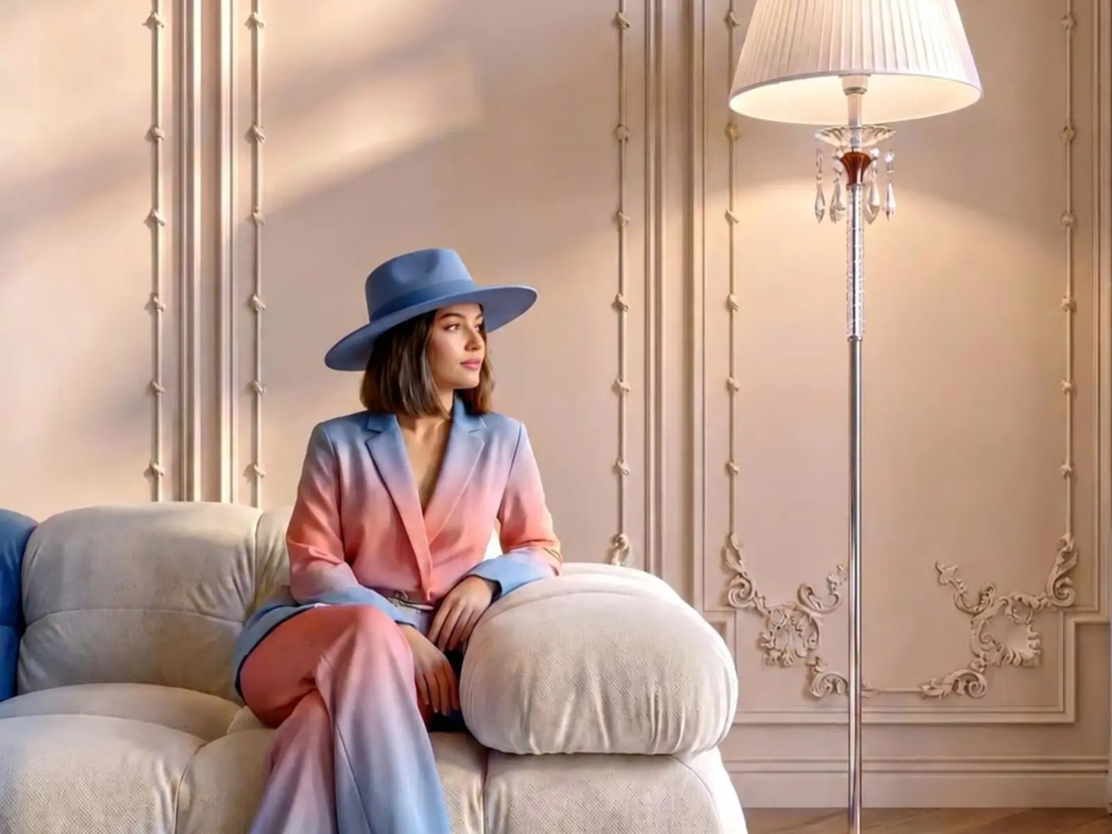 Fauteuil blanc généreux devant un mur classique et un lampadaire en cristal