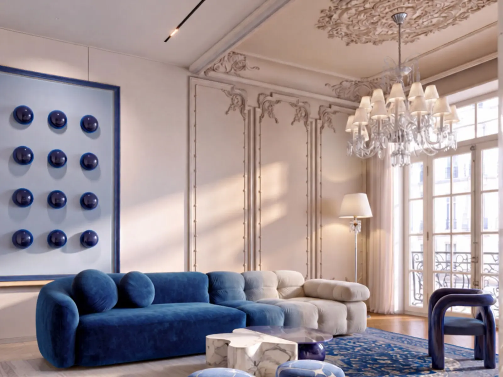 Vue large du salon avec deux poufs graphiques et plafond ornemental