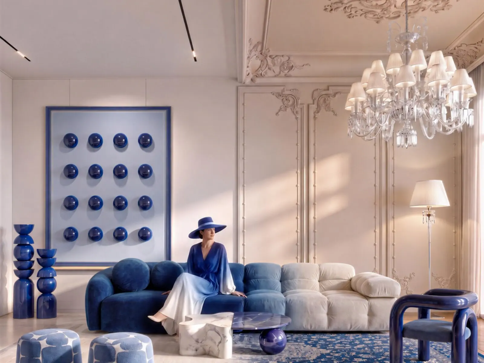 Vue d’ensemble du salon avec canapé bleu et blanc et mobilier sculptural