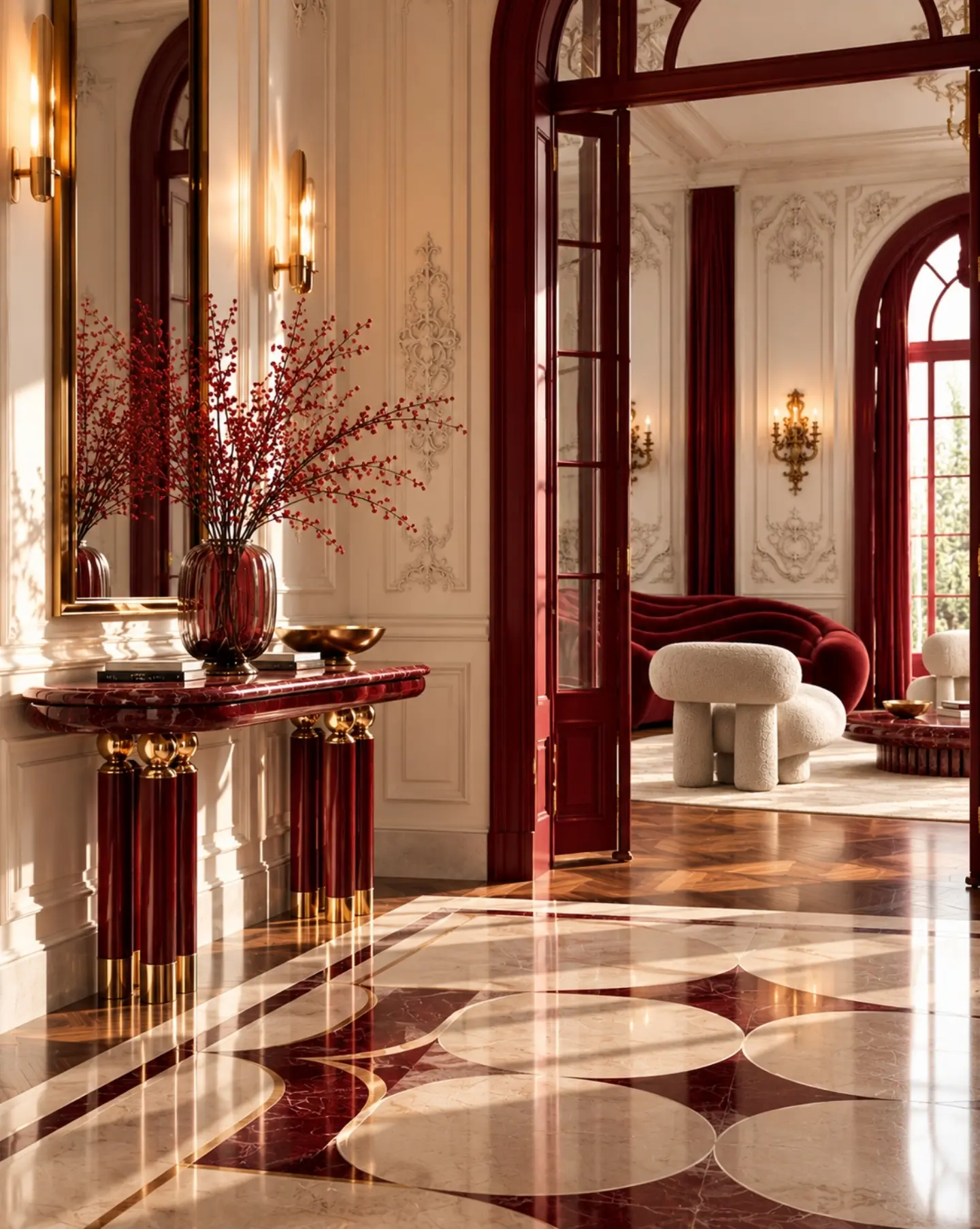 Hall classique avec console dorée, boiseries bordeaux et sol en marbre