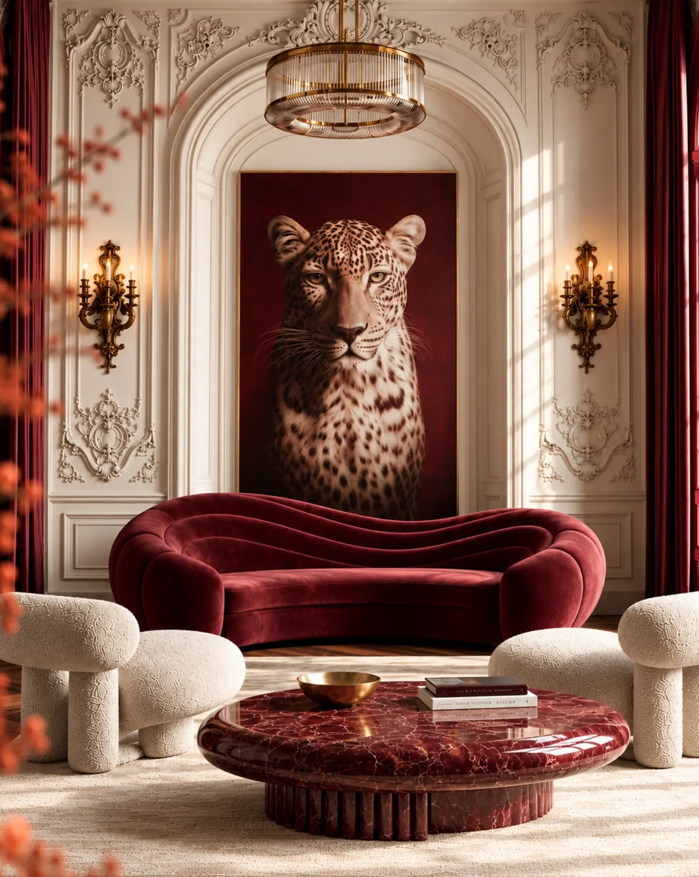 Salon classique avec canapé bordeaux, tableau de léopard et table en marbre rouge