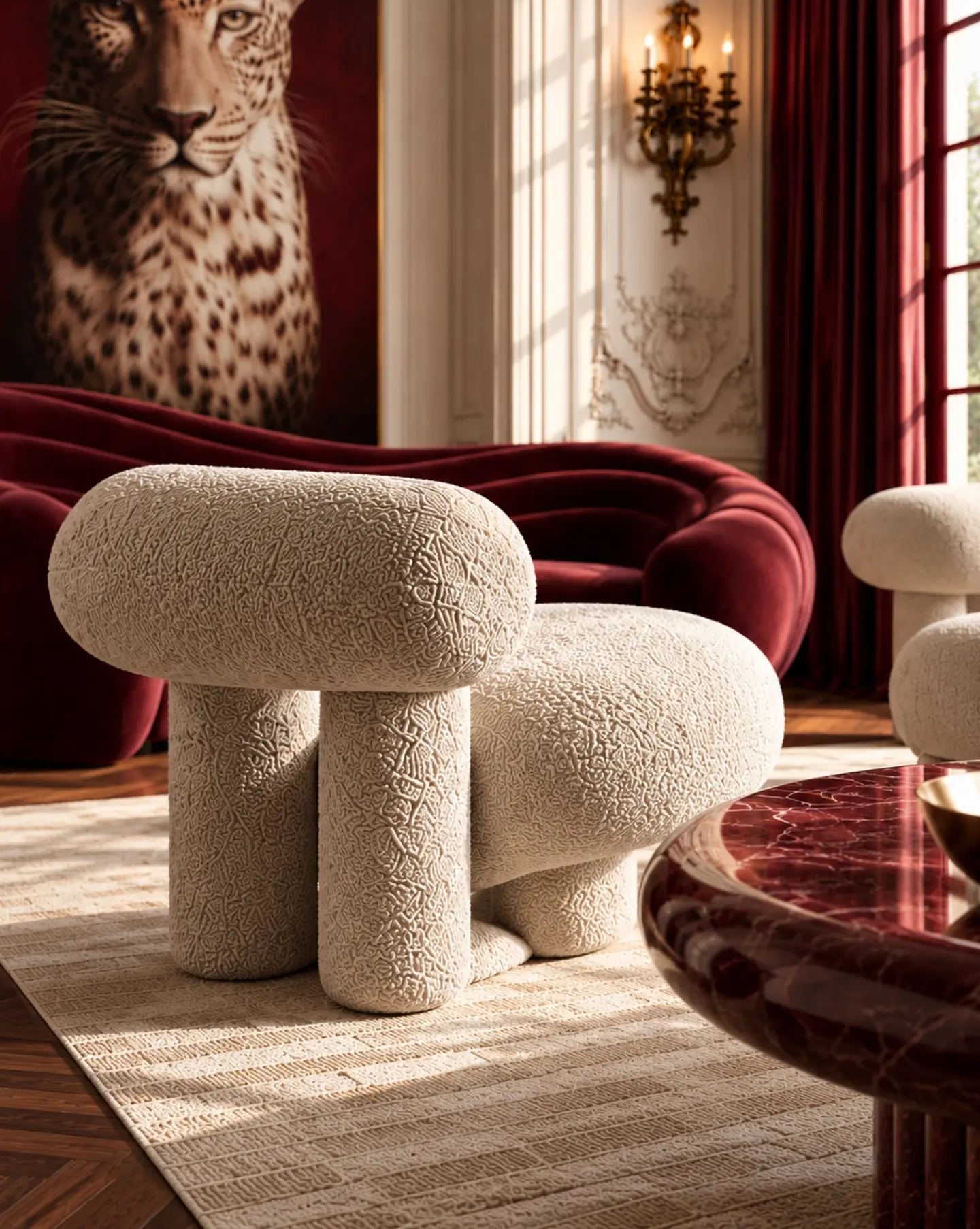 Détail du fauteuil blanc et du canapé bordeaux dans le salon classique
