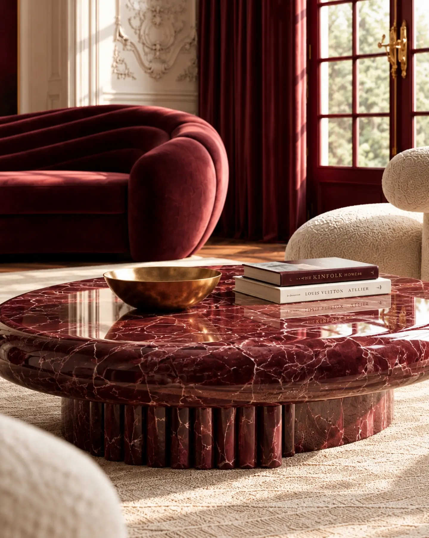 Table basse en marbre rouge et mobilier du salon classique