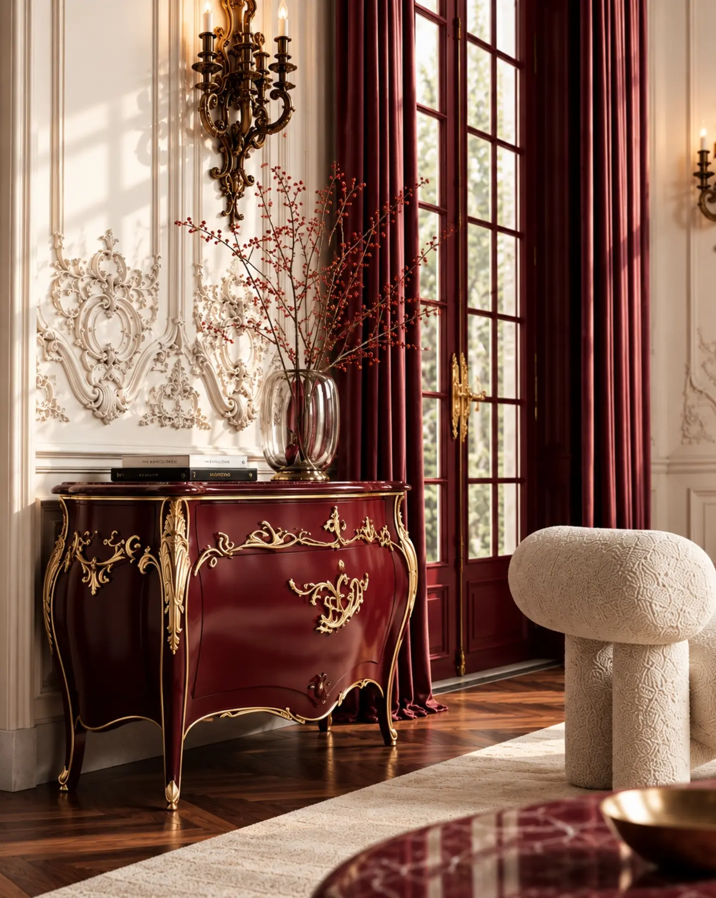 Console bordeaux et décor floral près des grandes fenêtres