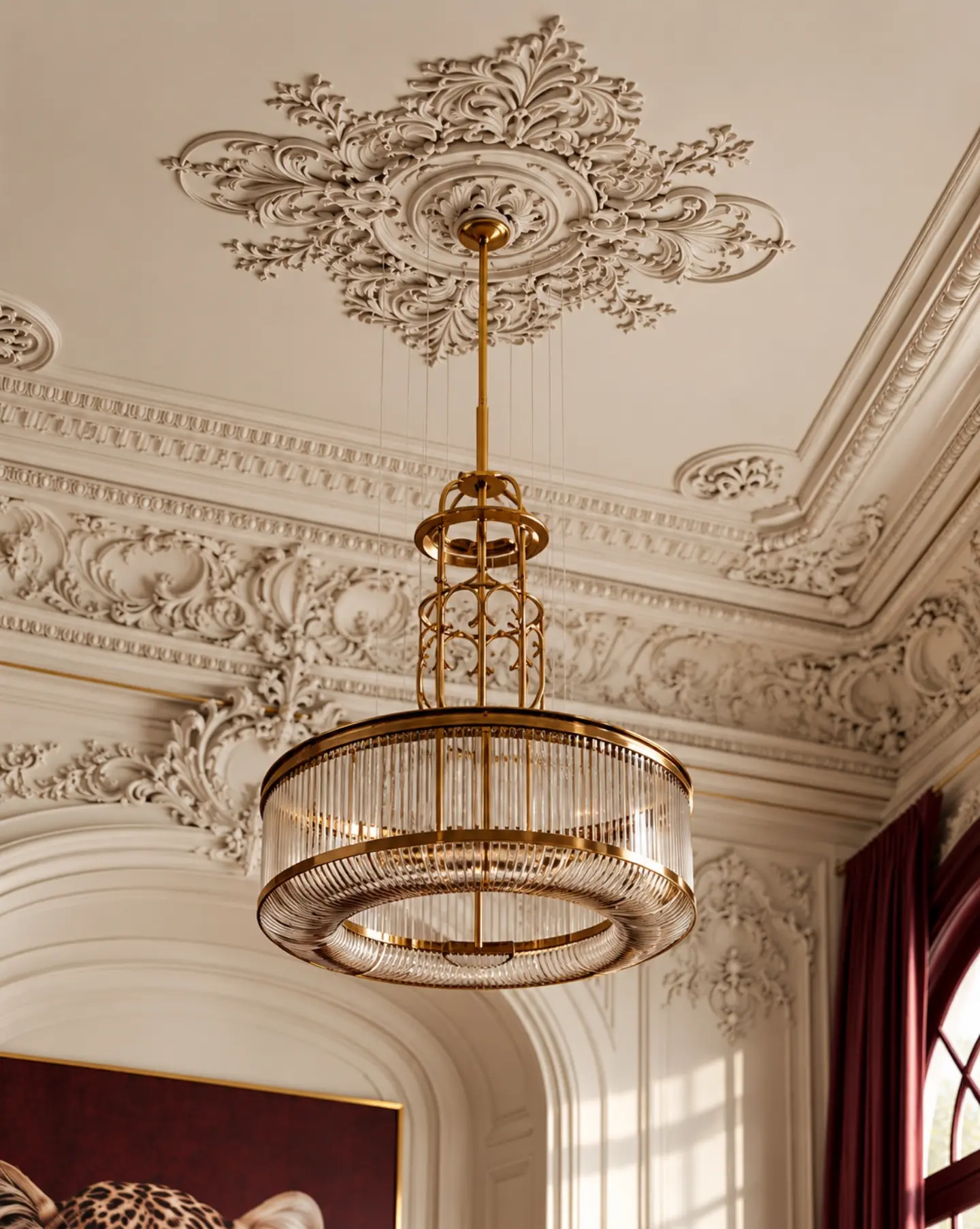 Lustre classique suspendu sous un plafond ornemental