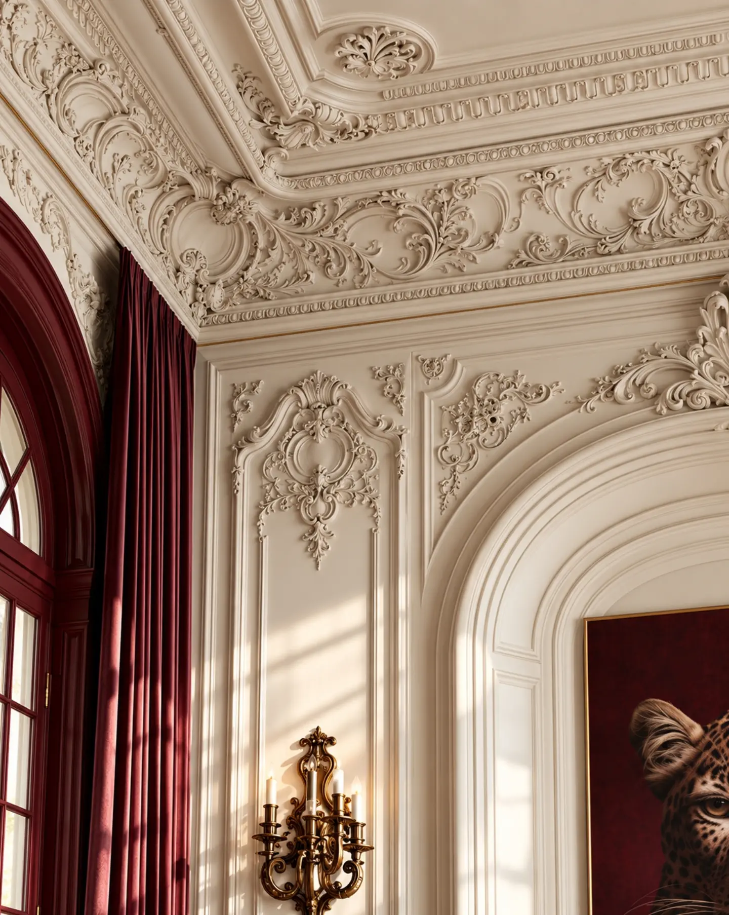 Détail des moulures et du plafond sculpté du salon classique