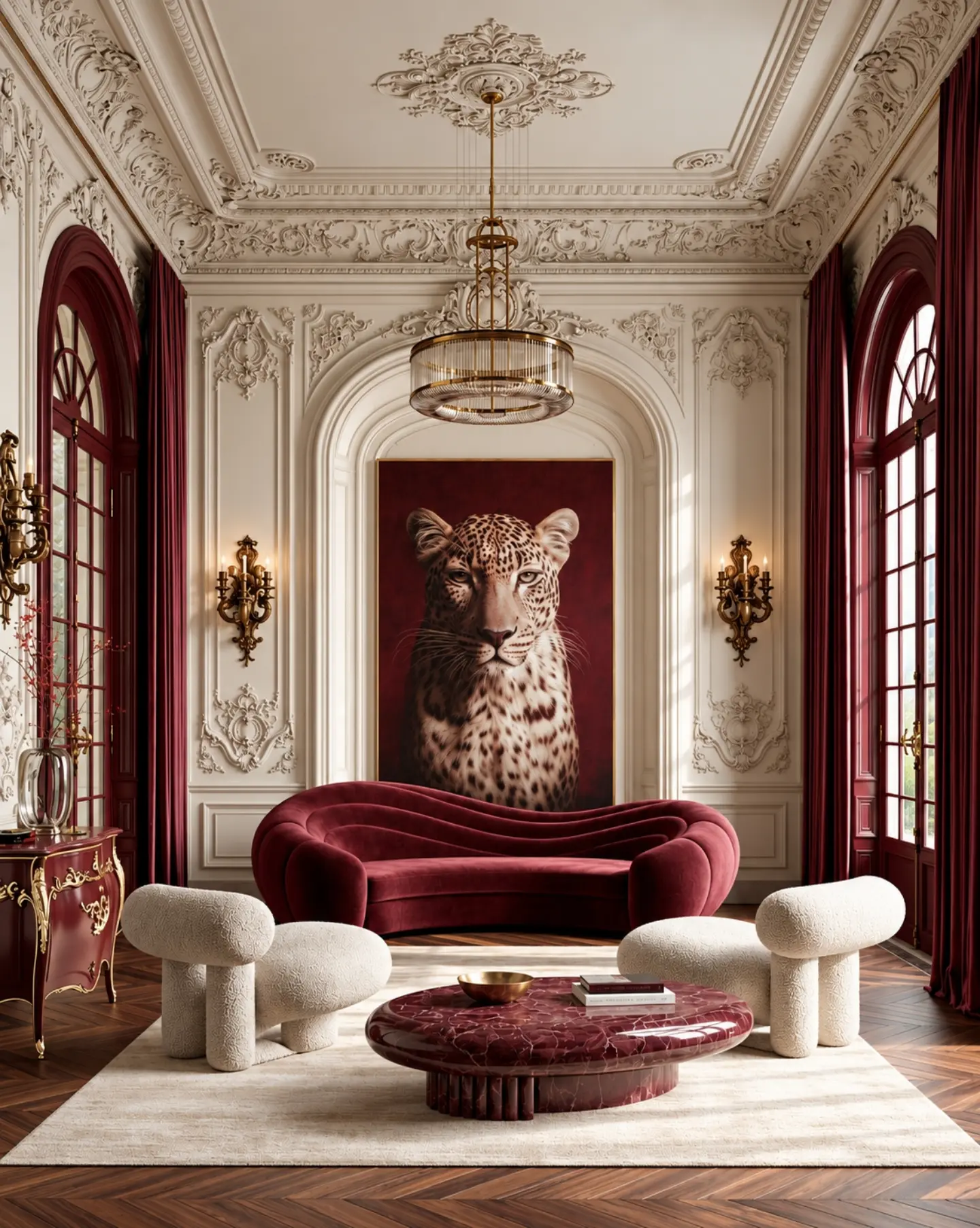 Vue d’ensemble du salon classique bordeaux et crème