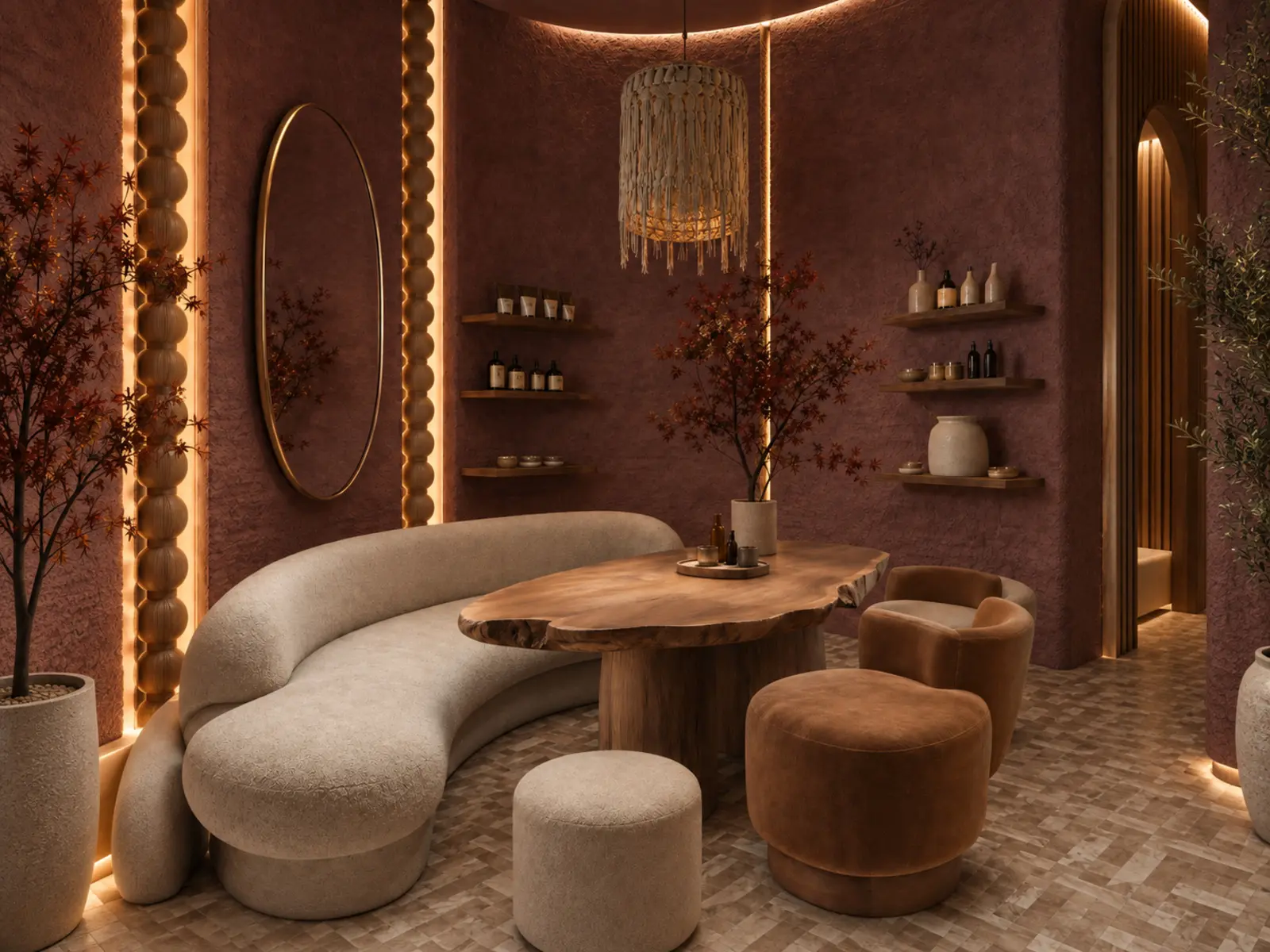 Coin de consultation avec banquette courbe, table en bois massif et miroir ovale