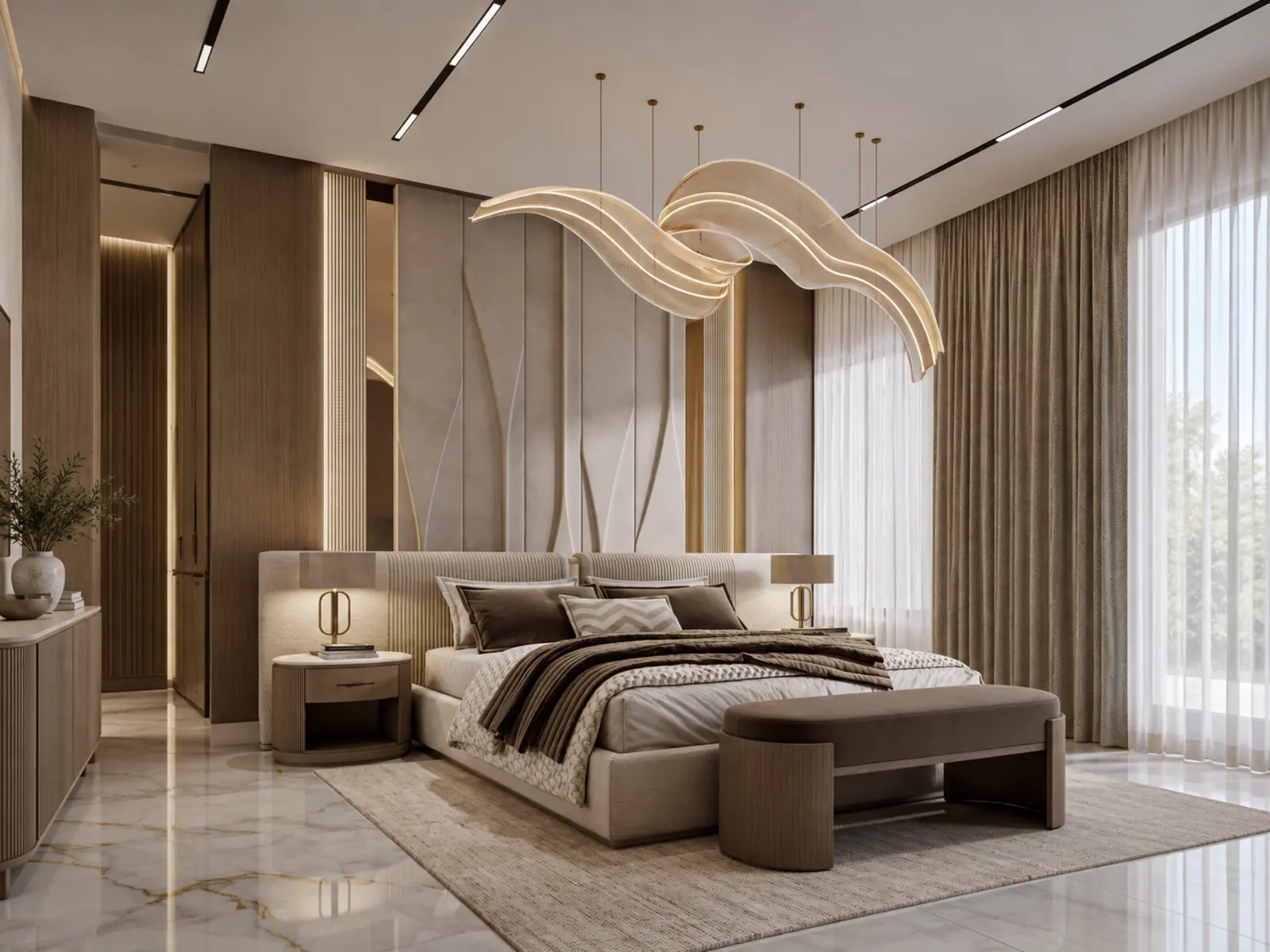 Vue en perspective de la suite beige avec lit et suspension sculpturale
