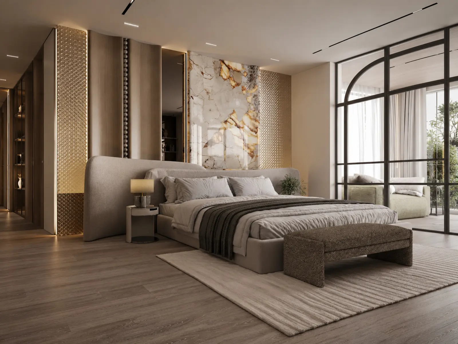 Suite contemporaine avec lit, marbre rétroéclairé et fenêtre cintrée