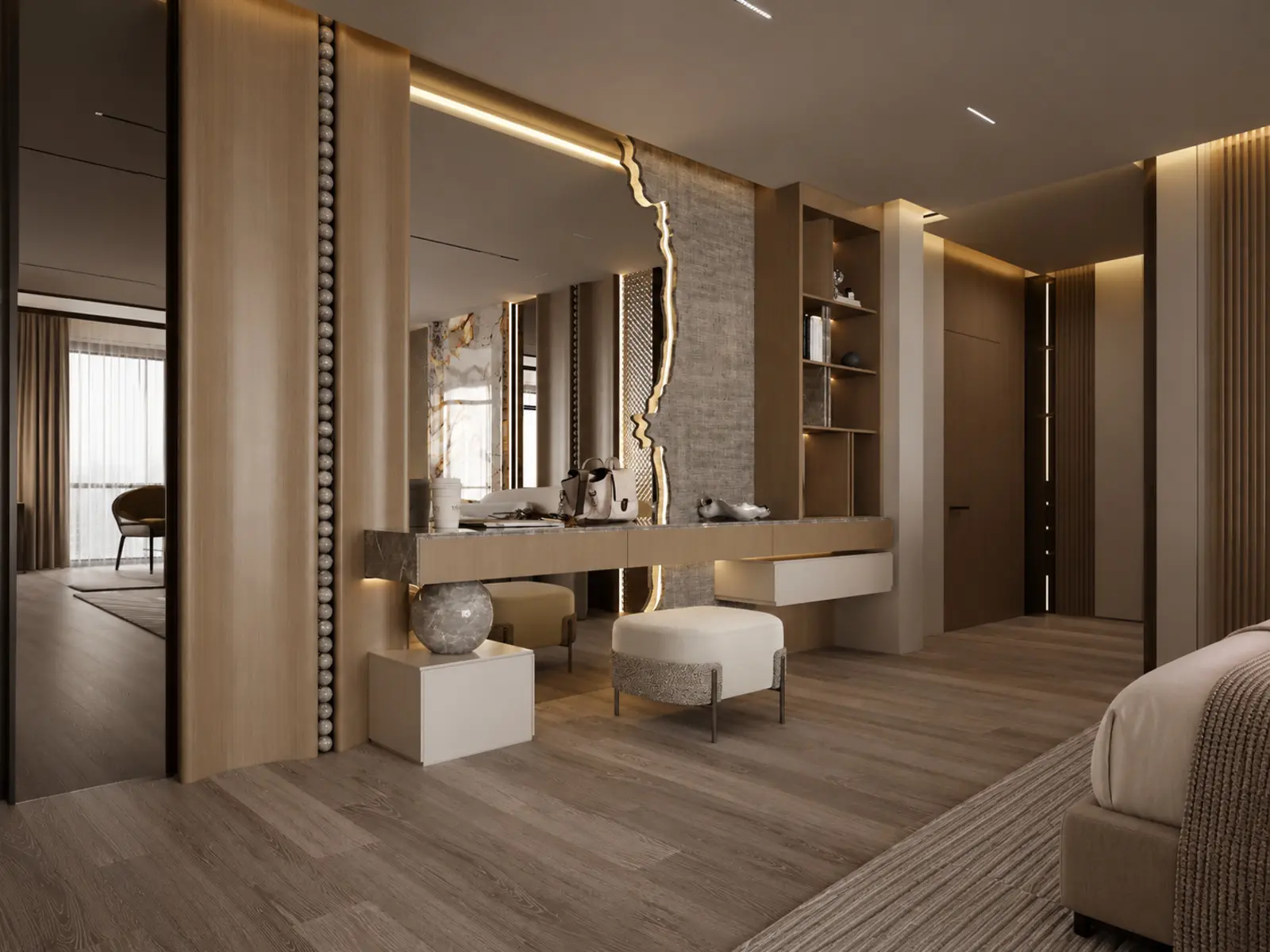 Coiffeuse avec grand miroir sculptural éclairé dans la suite en marbre