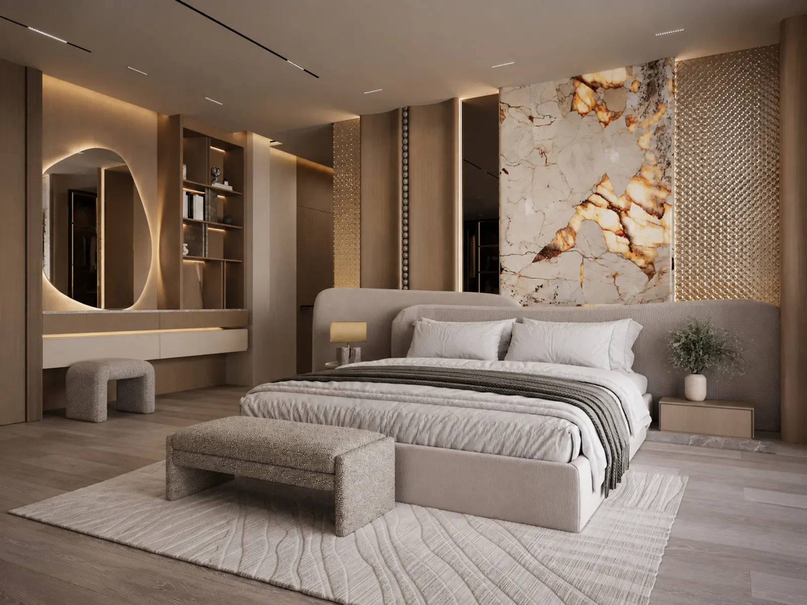 Vue de la chambre avec lit, coiffeuse et panneaux de marbre lumineux