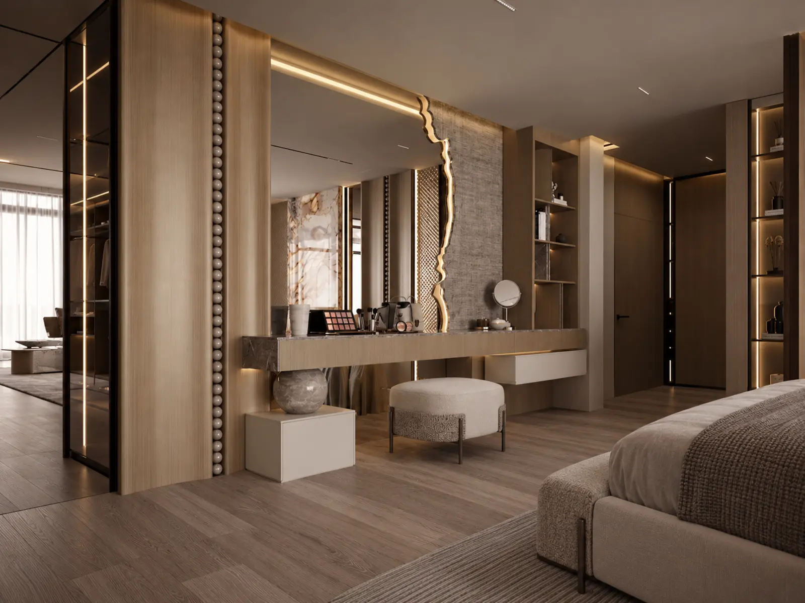 Vue latérale de la coiffeuse et du mobilier intégré de la suite