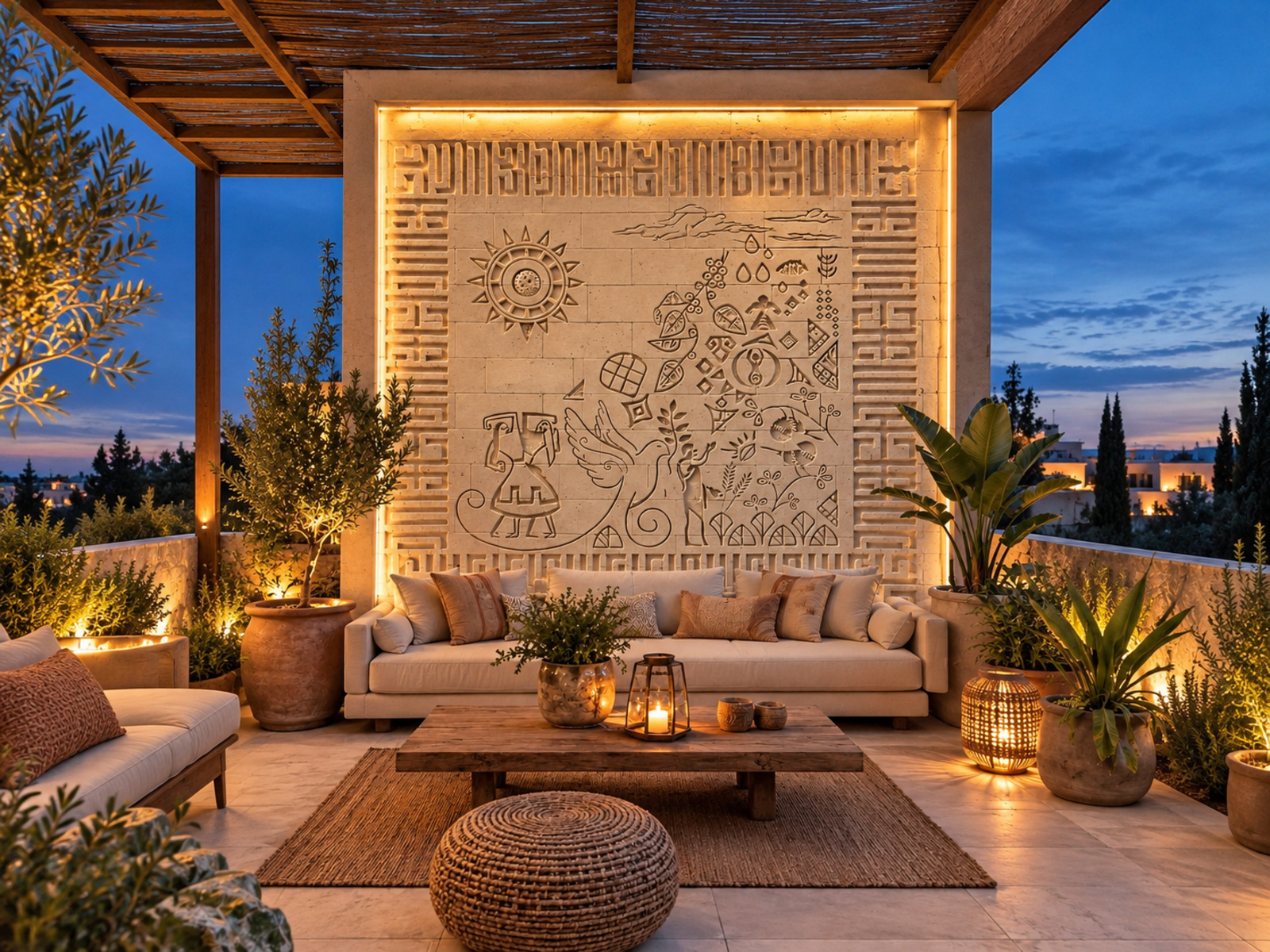 Terrasse aménagée avec bas-relief mural blanc