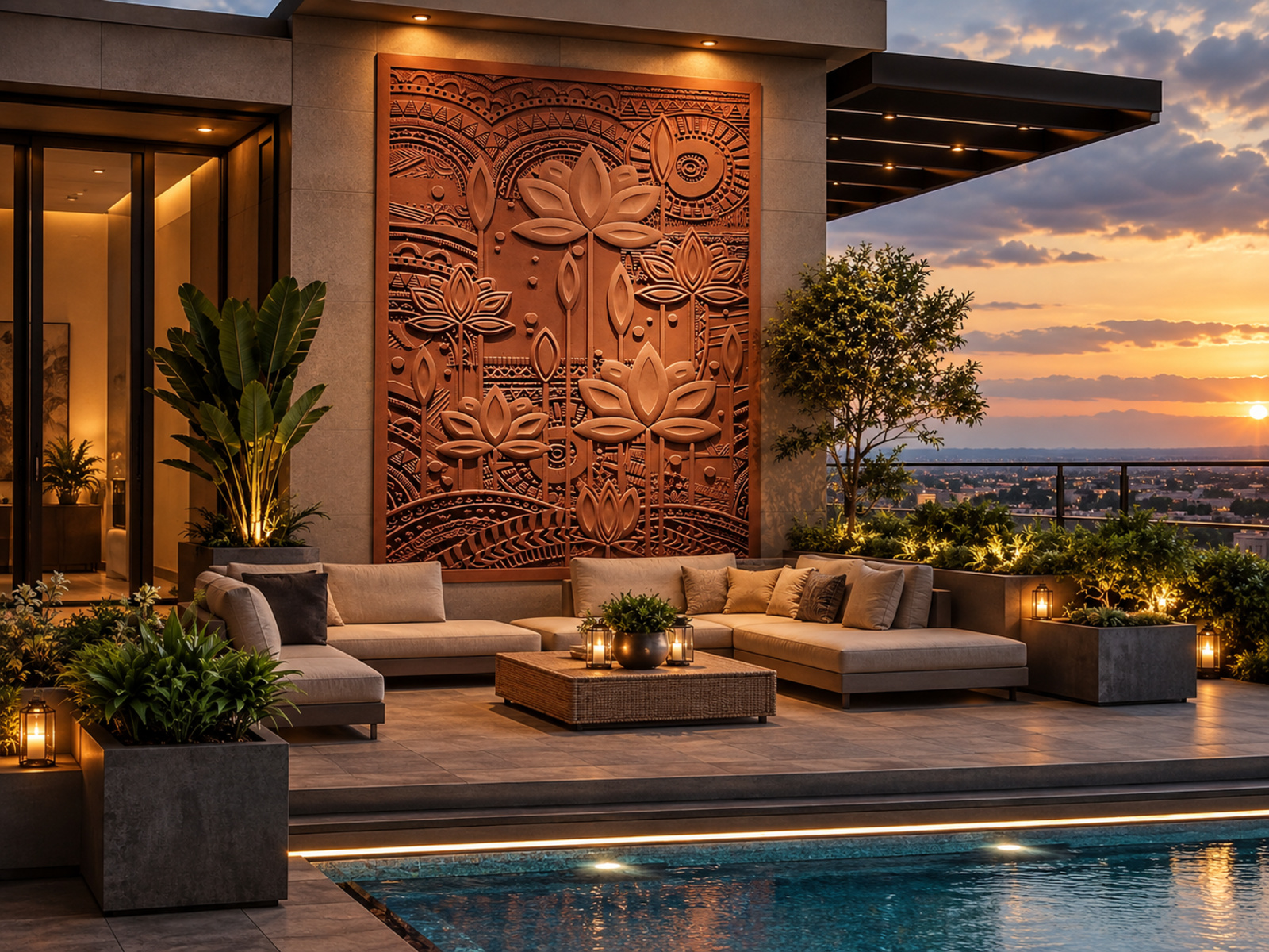 Terrasse avec grand relief floral sculpté