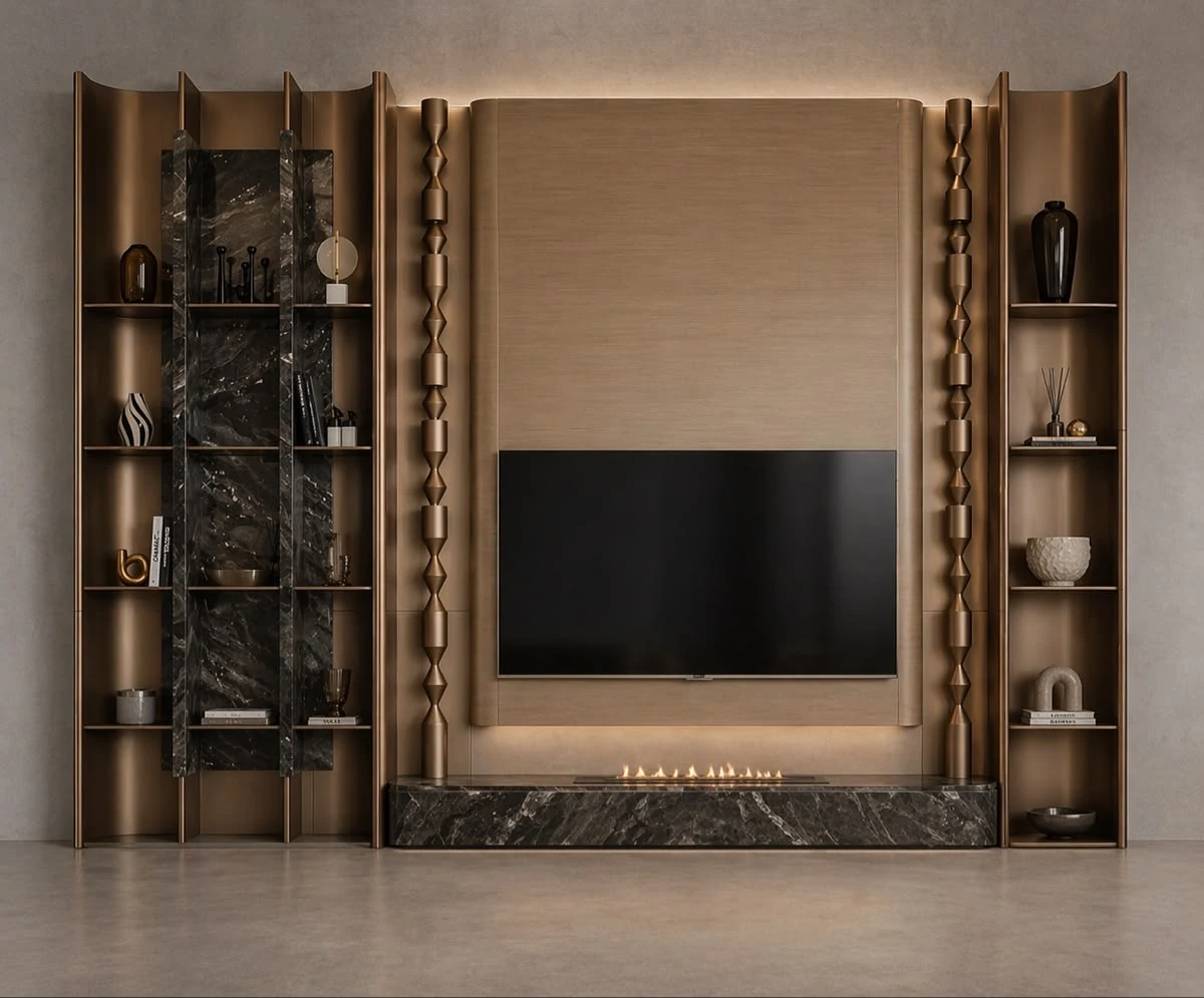 Meuble TV beige encadré de bibliothèques en bois