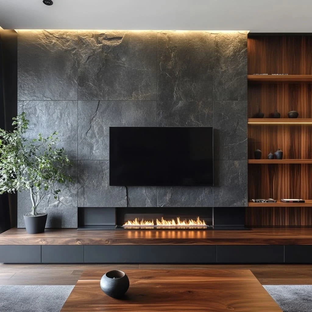 Console TV et cheminée sur fond de pierre sombre