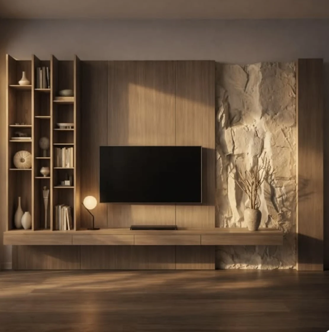 Console TV bois et pierre texturée avec niches lumineuses
