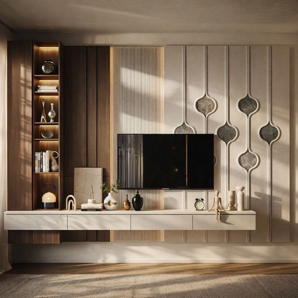 Console TV claire et décor mural géométrique