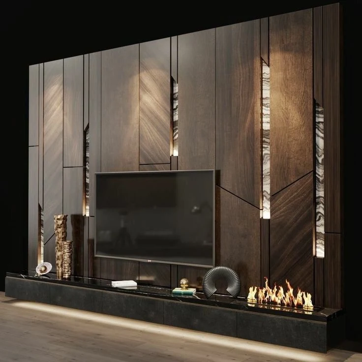 Longue console sombre avec cheminée et panneaux de bois