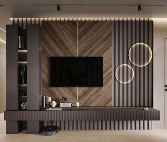 Meuble TV cannelé et panneaux en chevrons