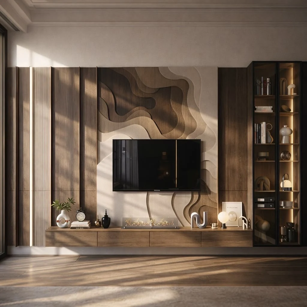 Console TV en bois et décor mural aux lignes organiques