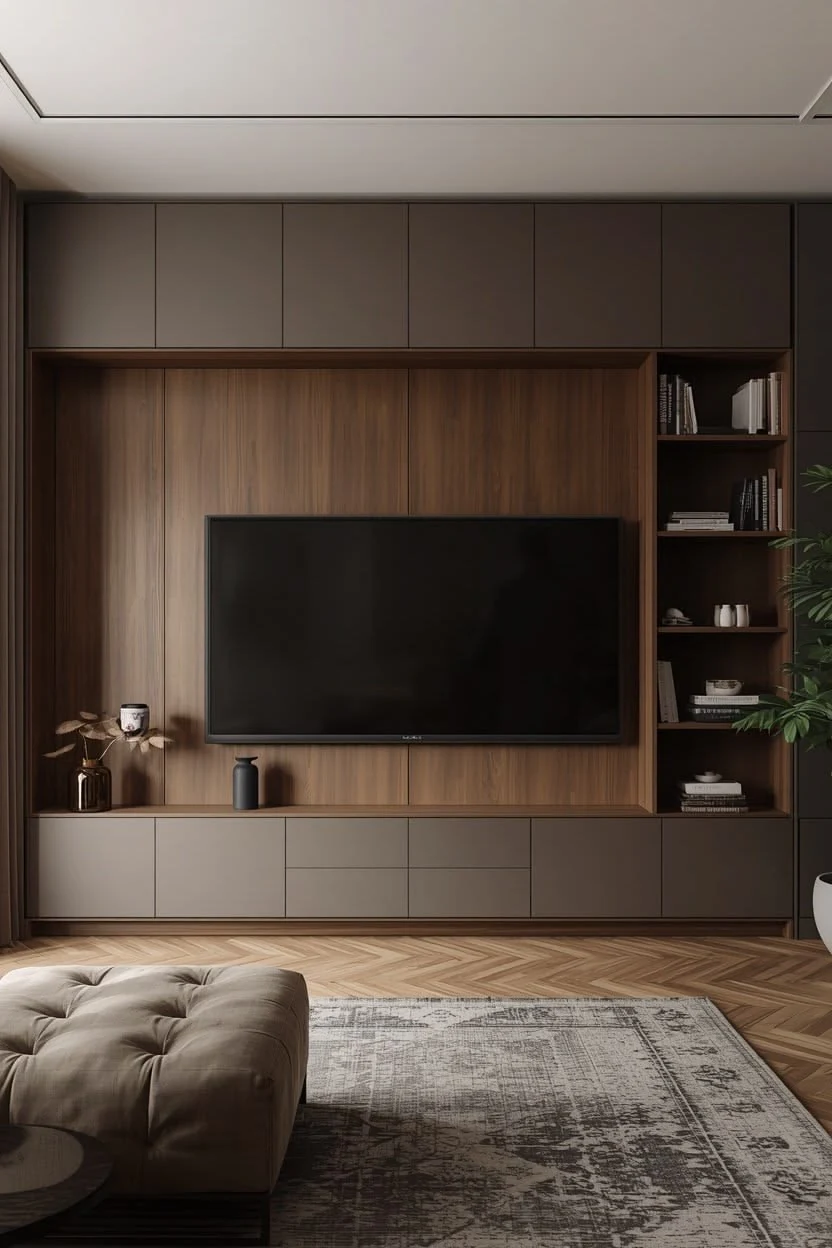 Meuble TV avec rangements hauts et bibliothèque latérale