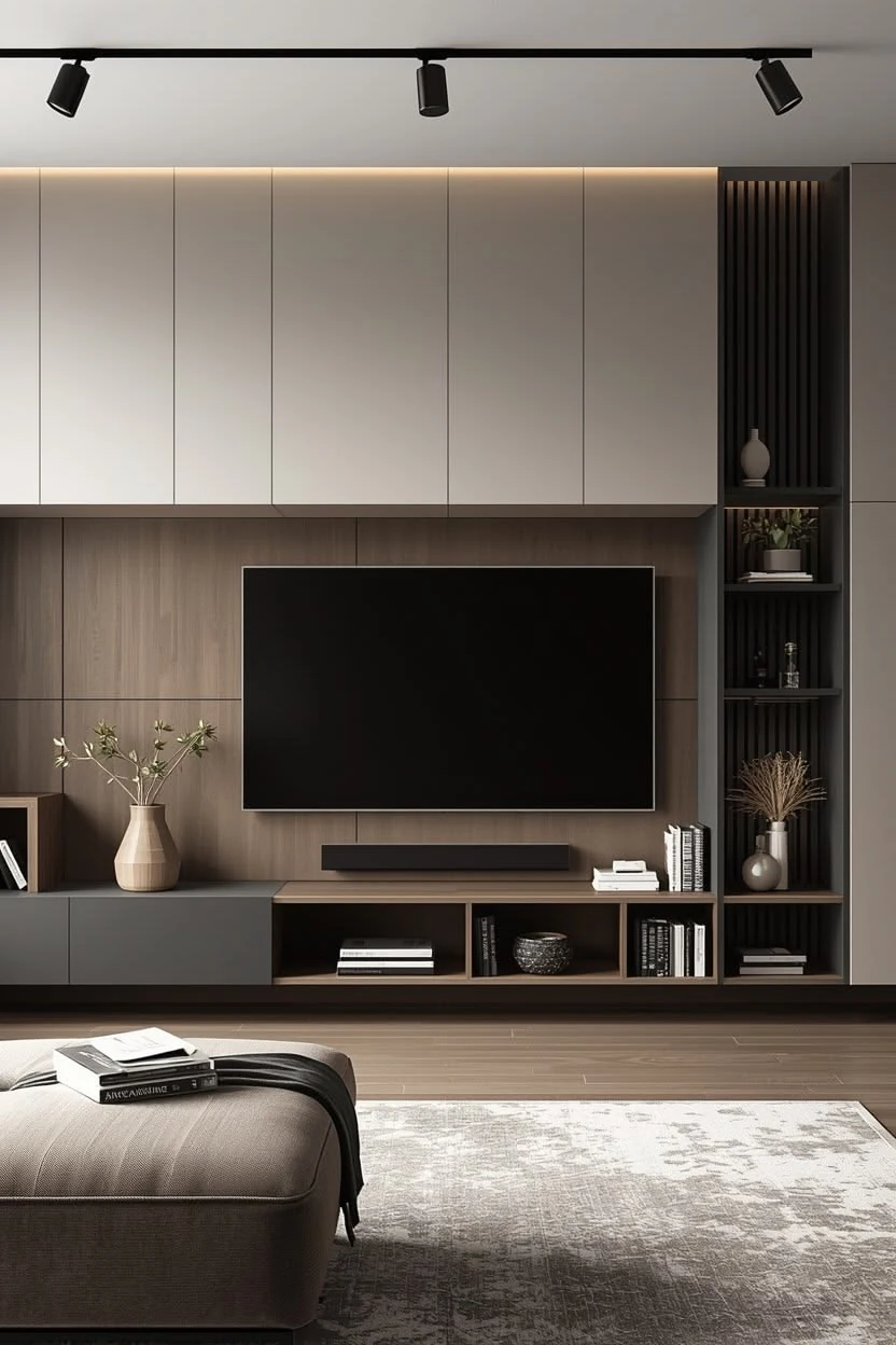 Meuble TV gris et bois avec grande colonne de rangement