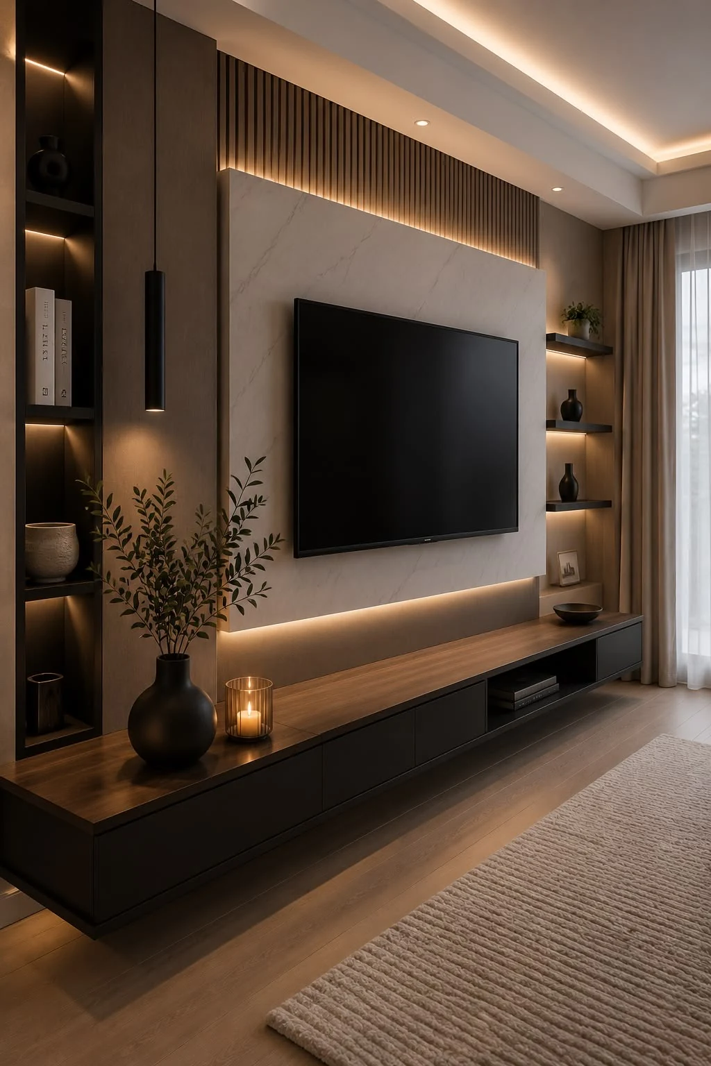 Long meuble TV noir et bois avec panneau rétroéclairé