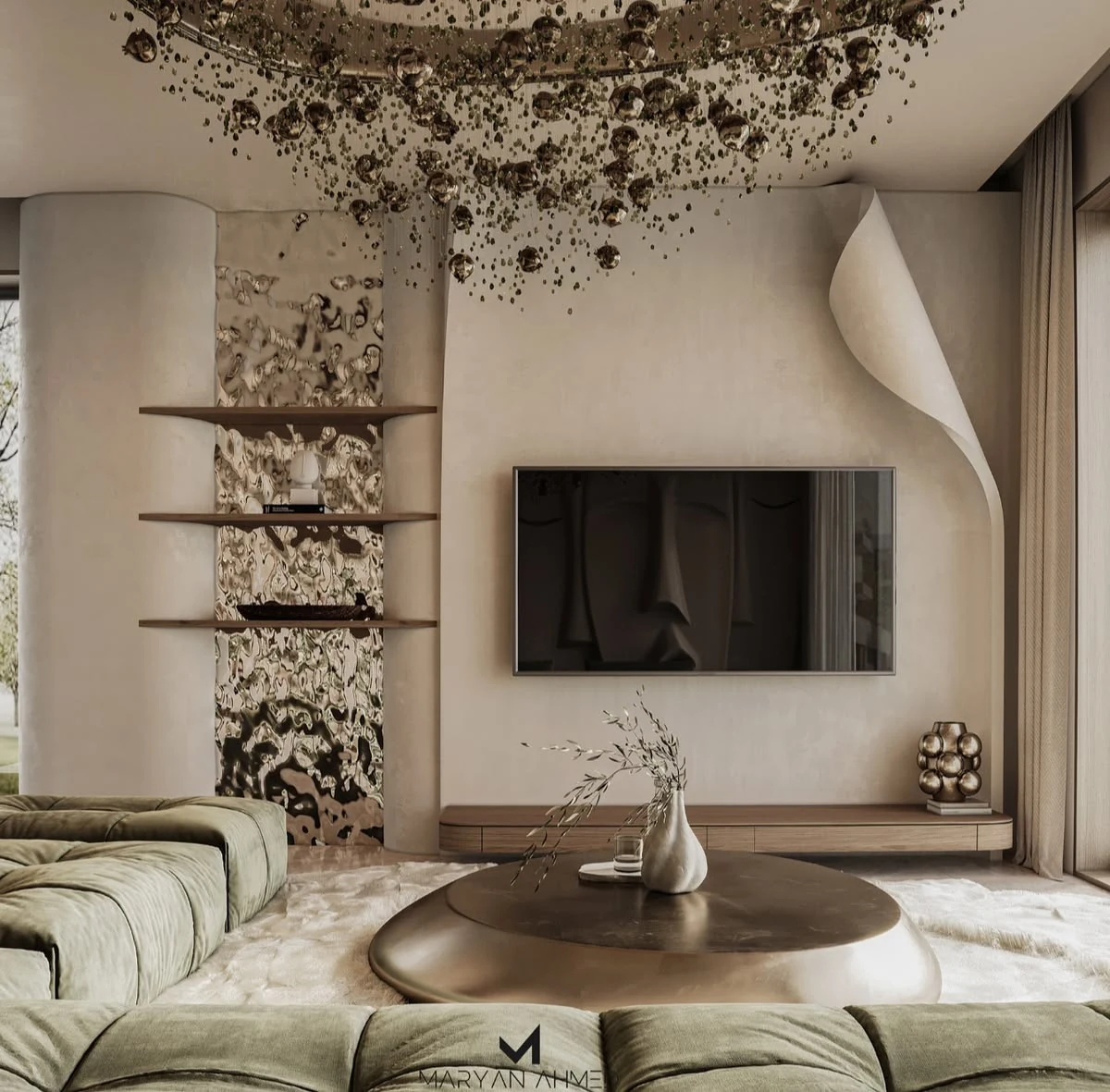 Console TV bois et mur sculptural beige