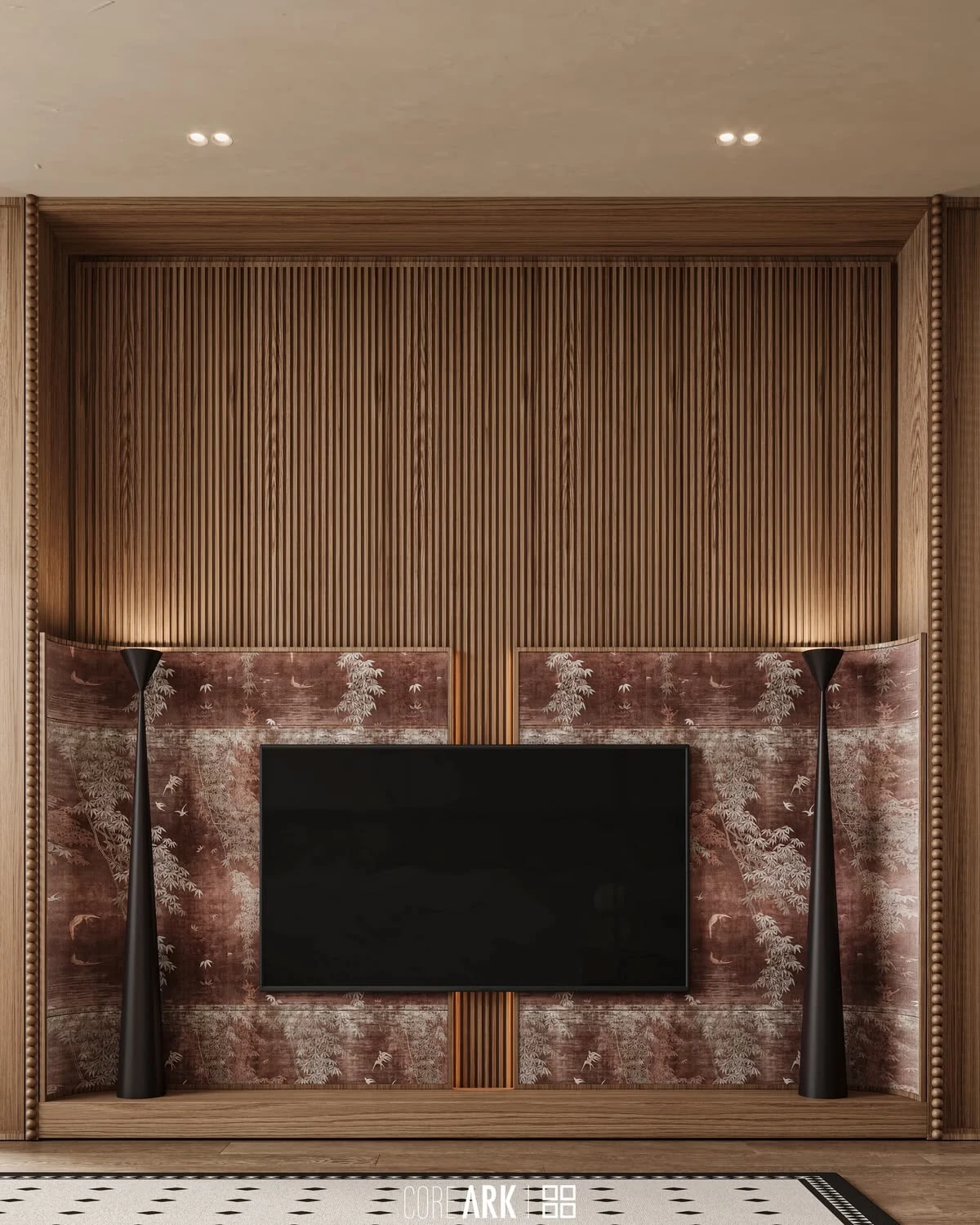 Composition TV en bois avec panneaux décoratifs rouges