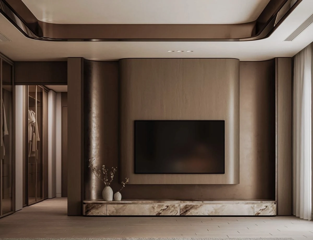 Console TV en marbre et panneaux arrondis bronze