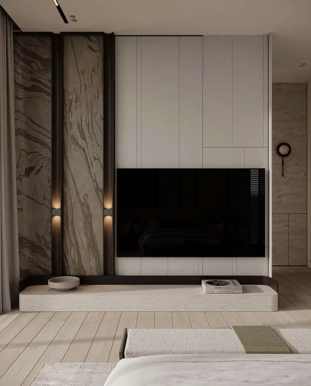 Meuble TV en pierre claire et panneaux verticaux