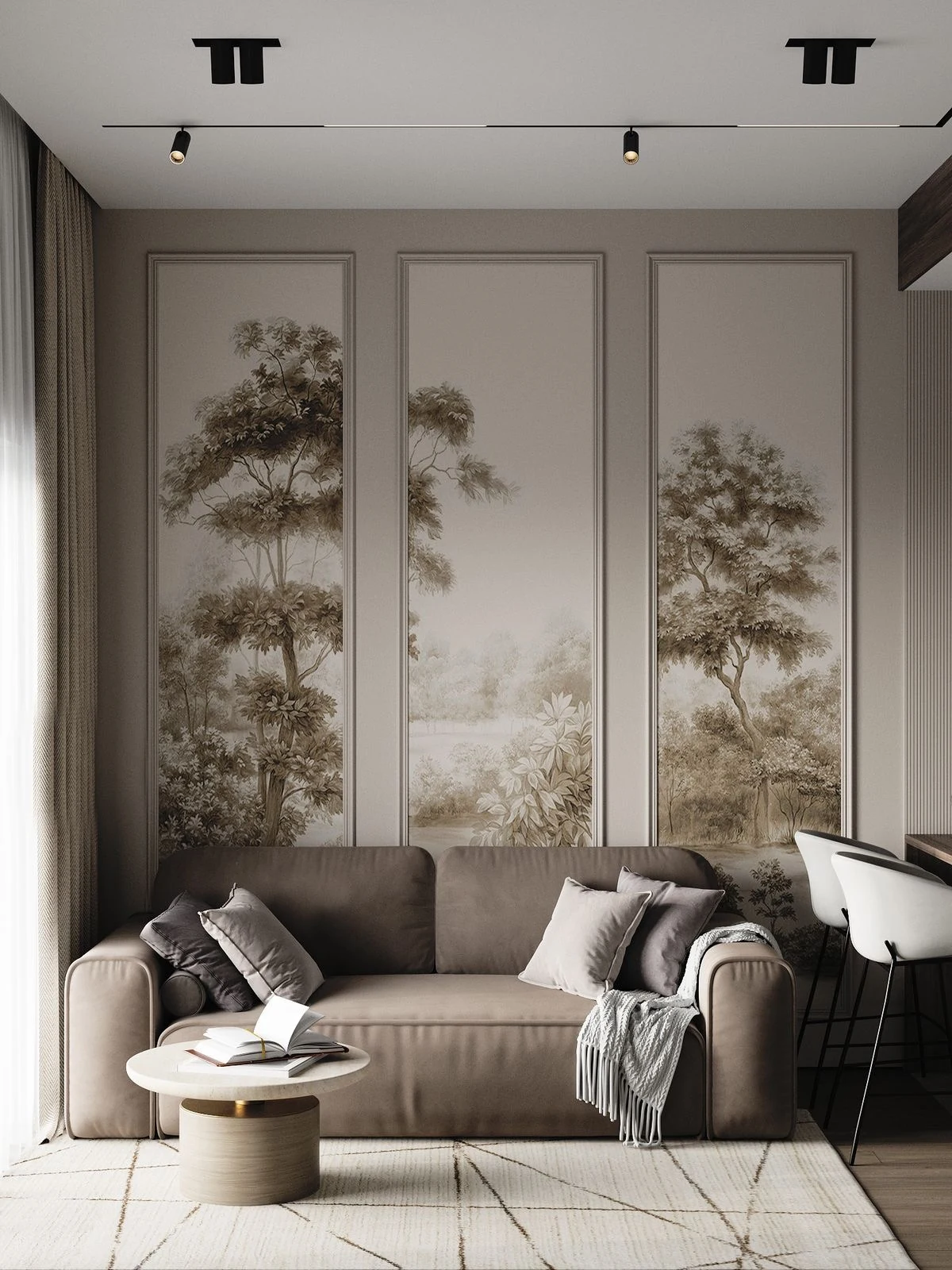 Papier peint d’arbres dans des panneaux de salon