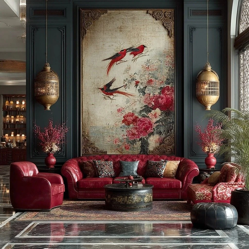 Papier peint de carpes et fleurs dans un salon rouge