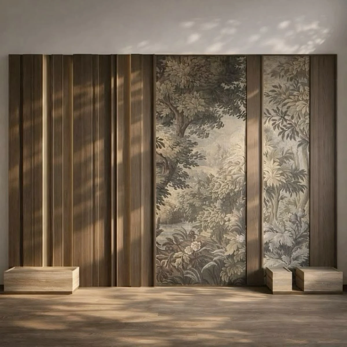 Papier peint de feuillage entre des panneaux de bois