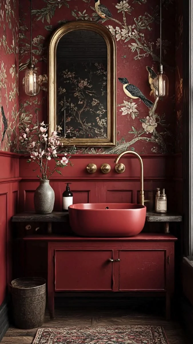 Papier peint floral dans une salle d’eau bordeaux