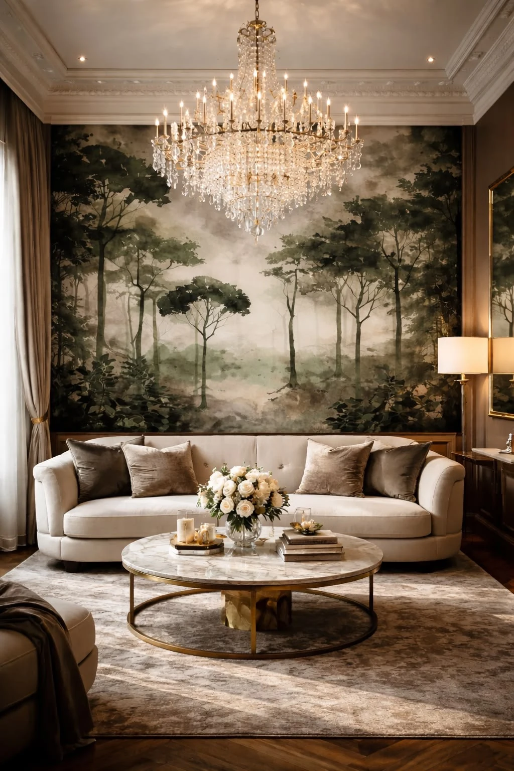 Papier peint panoramique de forêt dans un salon
